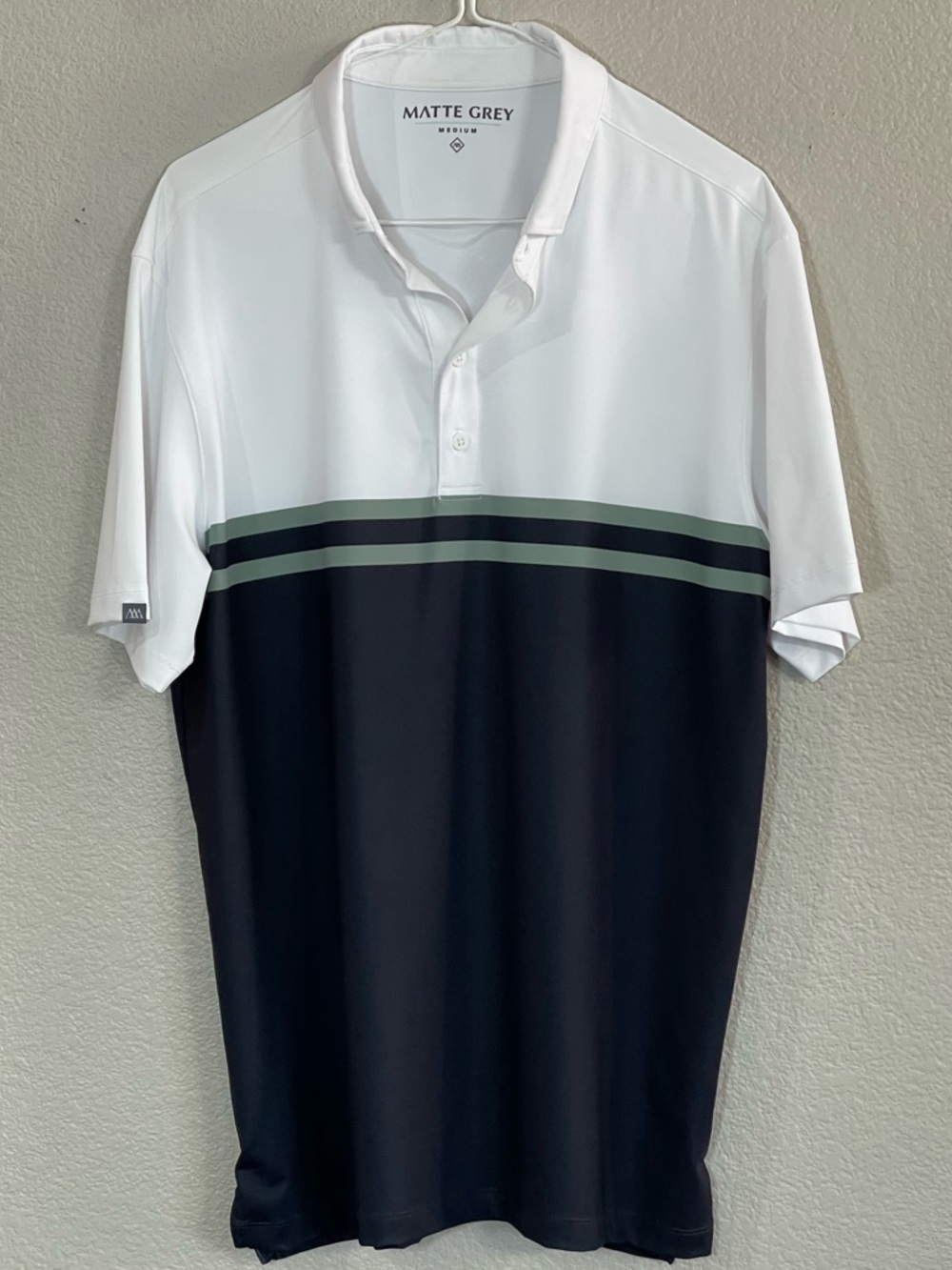 Matte Grey Men’s White & Black Golf Polo with Olive Stripe Size Medium